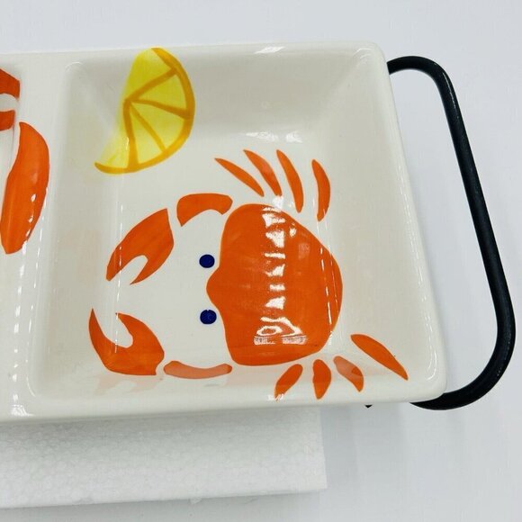 TAG Three Section Serving Dish Orange Crabs Lemons 18.5" x 7.5" Adorable Stand - Picture 2 of 8